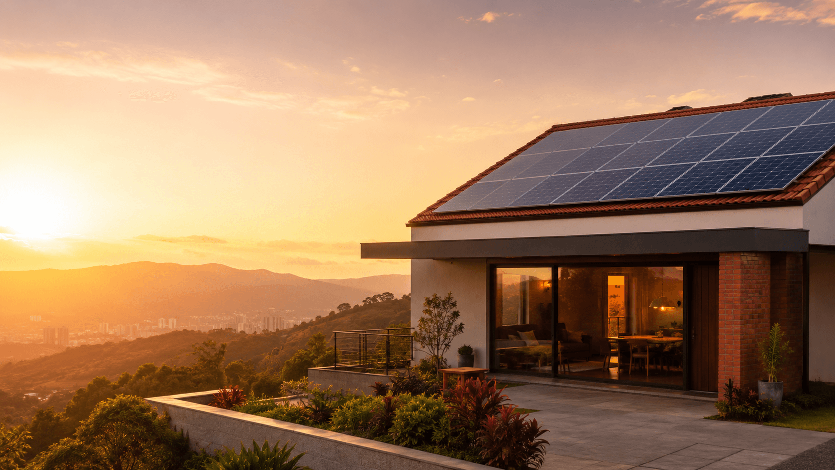 Casa colombiana con paneles solares al atardecer
